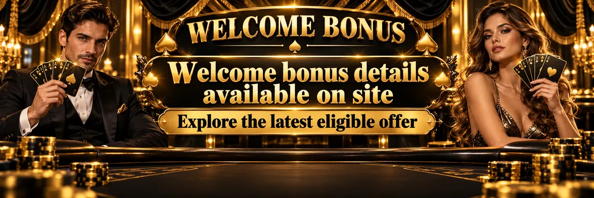 Gold and near-black welcome bonus banner showing a sharply dressed casino host and glamorous evening-dressed VIP woman beside playing cards and polished poker chips in a luxurious cabaret casino