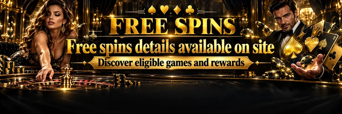 Gold and near-black free spins banner showing a glamorous casino host and sharply dressed man among playing cards, suit symbols and reflective casino-table details