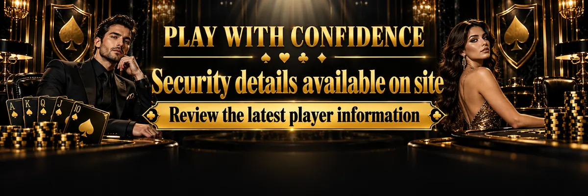 Gold and near-black casino security banner showing two elegant VIP hosts in a dim cabaret interior with layered portraits, gold playing cards and polished table surfaces